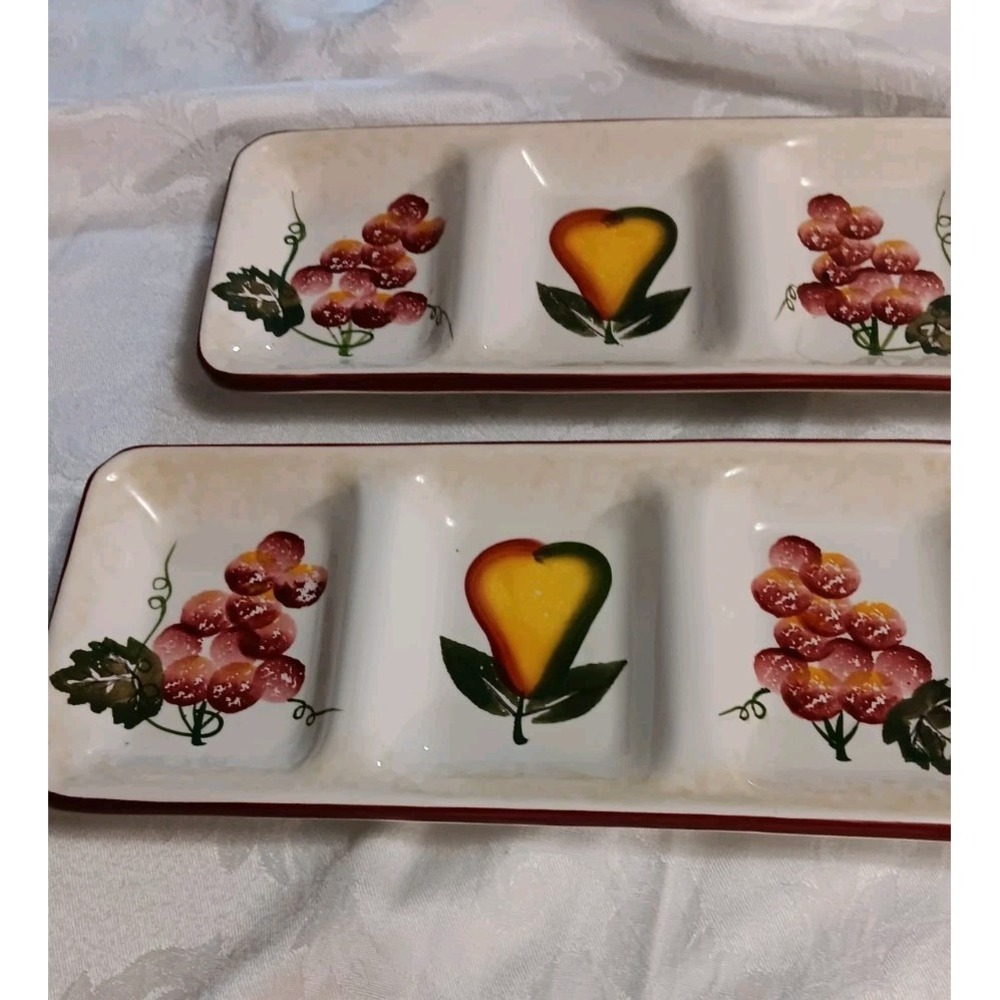 PIER 1 Hand Painted Dolomite Relish Tray Set of 2 Grapes Pear 11.5x5 EUC